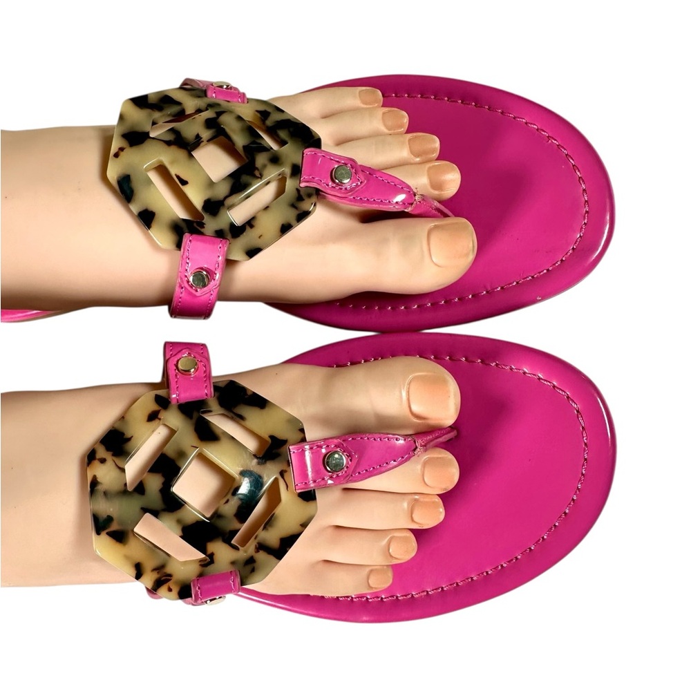 NWT J. McLaughlin Lucy Thong Pink Leather Sandals with Tortoise Shell Medallion - Picture 4 of 11